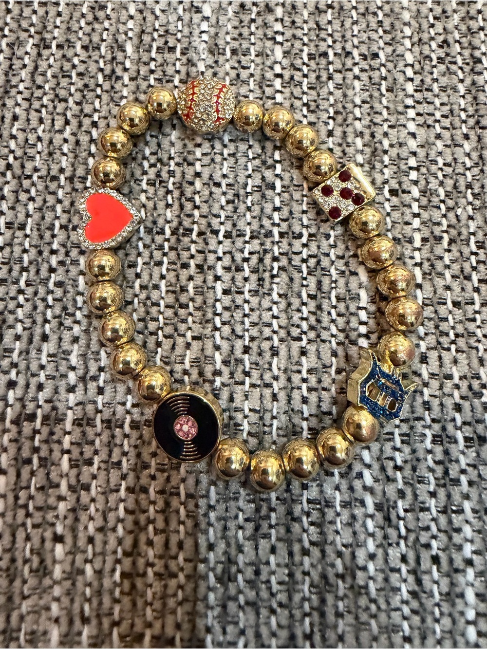 Detroit Tigers Gold-Tone Multi Charm Beaded Bracelet with Red Heart